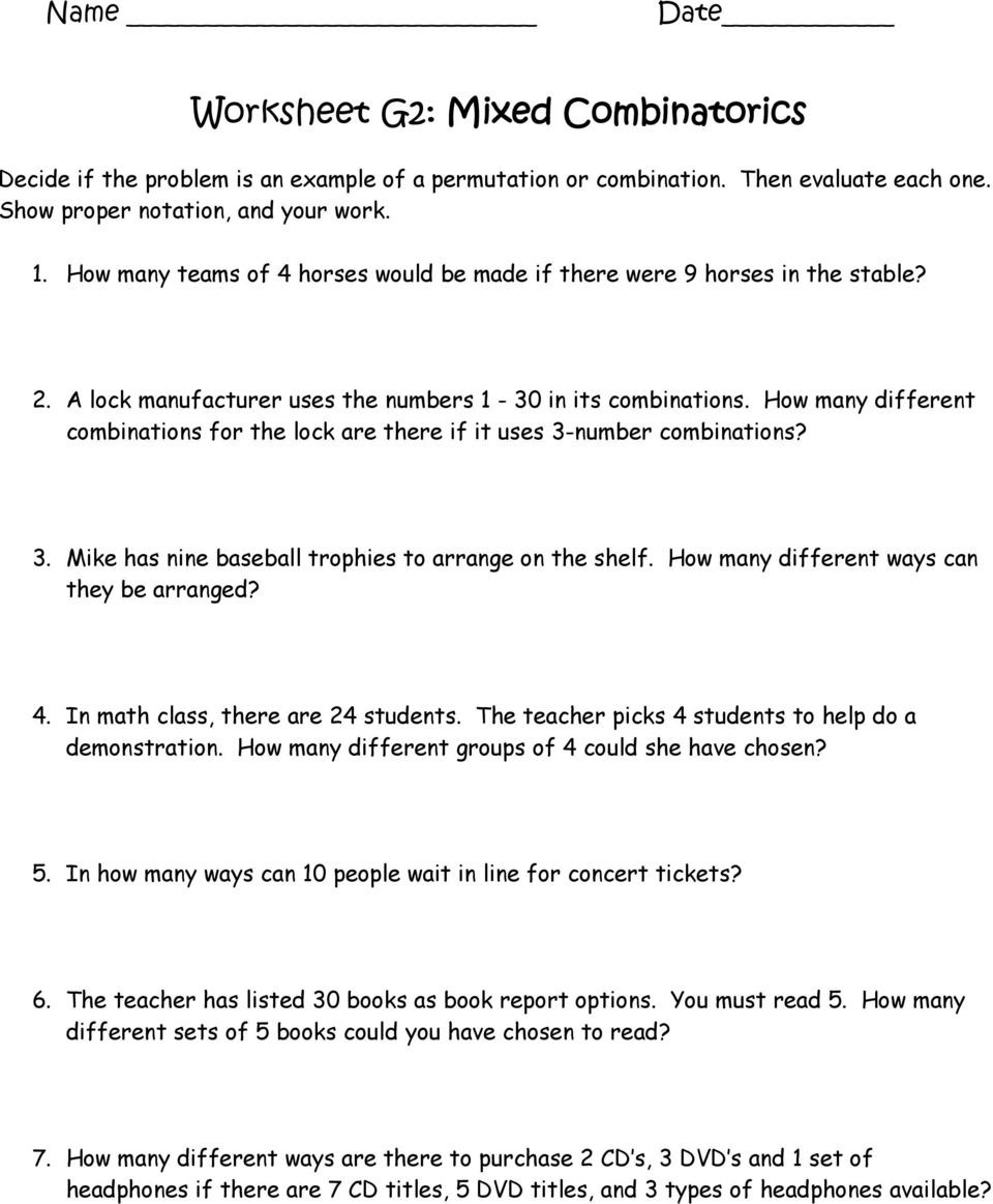 Permutations and Combinations Worksheet Worksheet A2 Fundamental Counting Principle Factorials