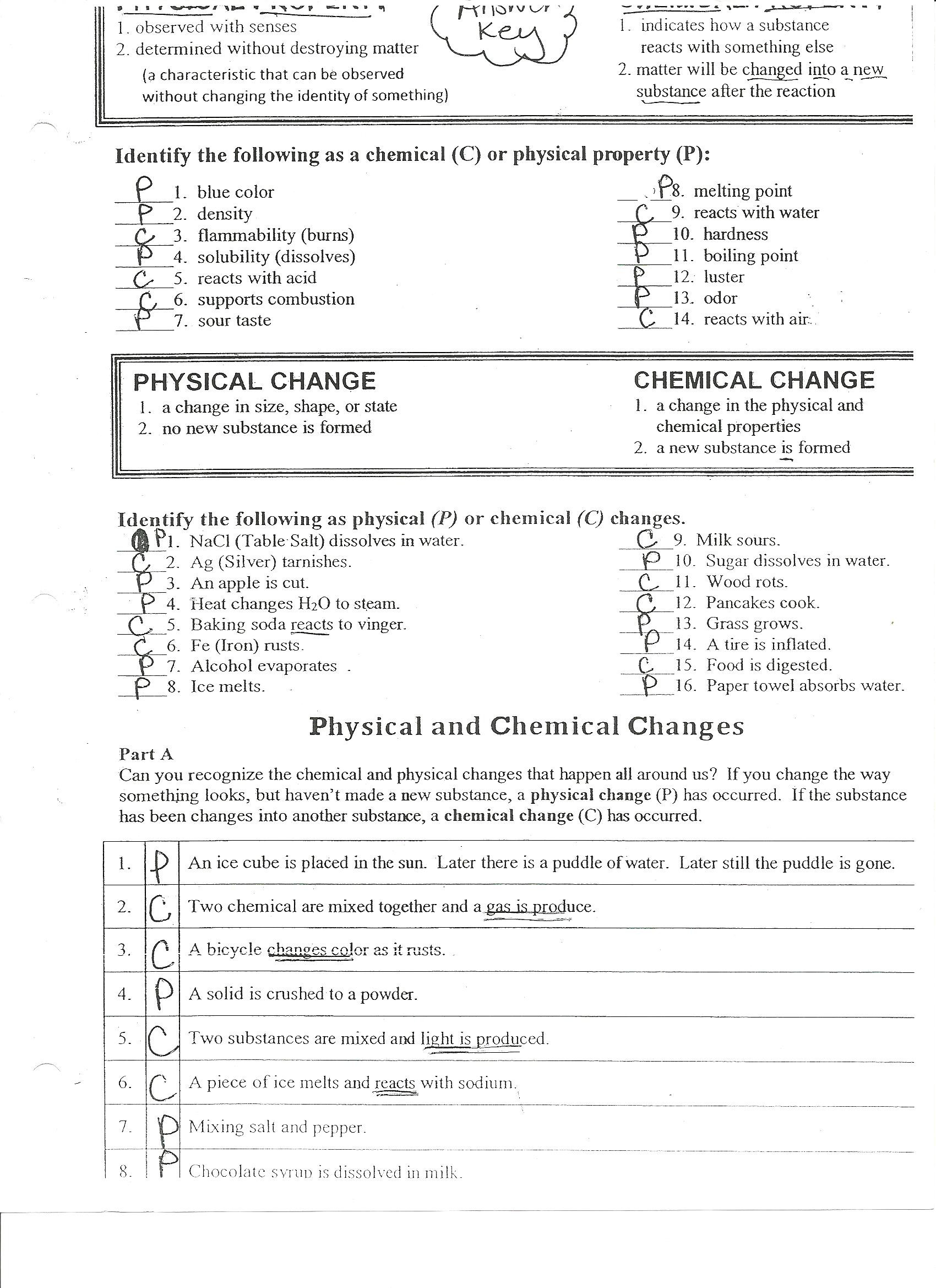 Physical and Chemical Changes Worksheet Chemical and Physical Properties Worksheet Answers
