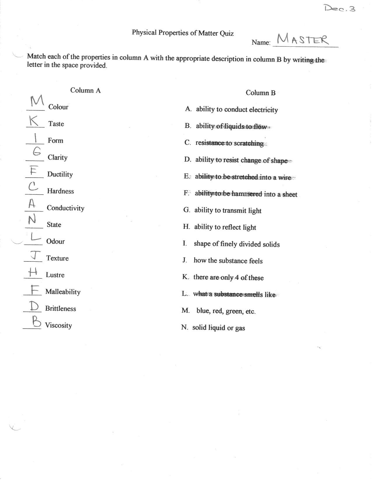 Physical Vs Chemical Properties Worksheet Physical Chemical Properties Changes Worksheet Answers