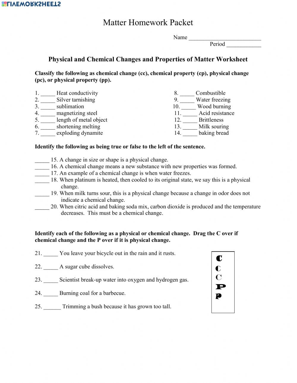 Physical Vs Chemical Properties Worksheet Properties and Changes Of Matter Interactive Worksheet