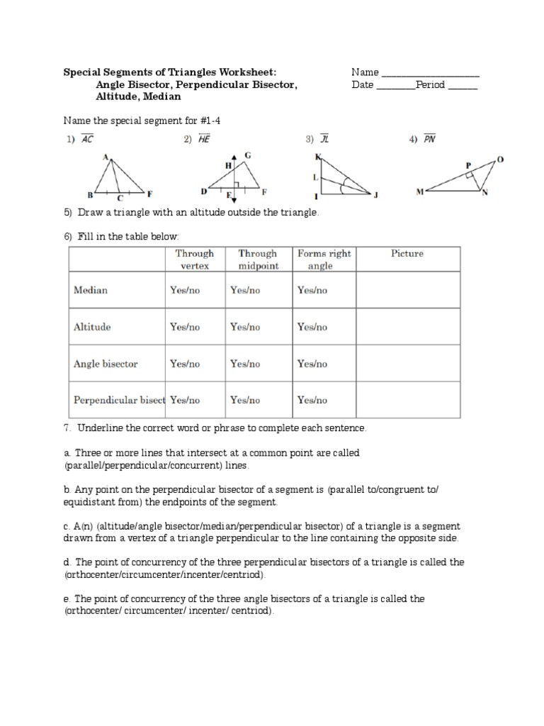Points Of Concurrency Worksheet Identifying Segments Of Triangles Review Worksheet