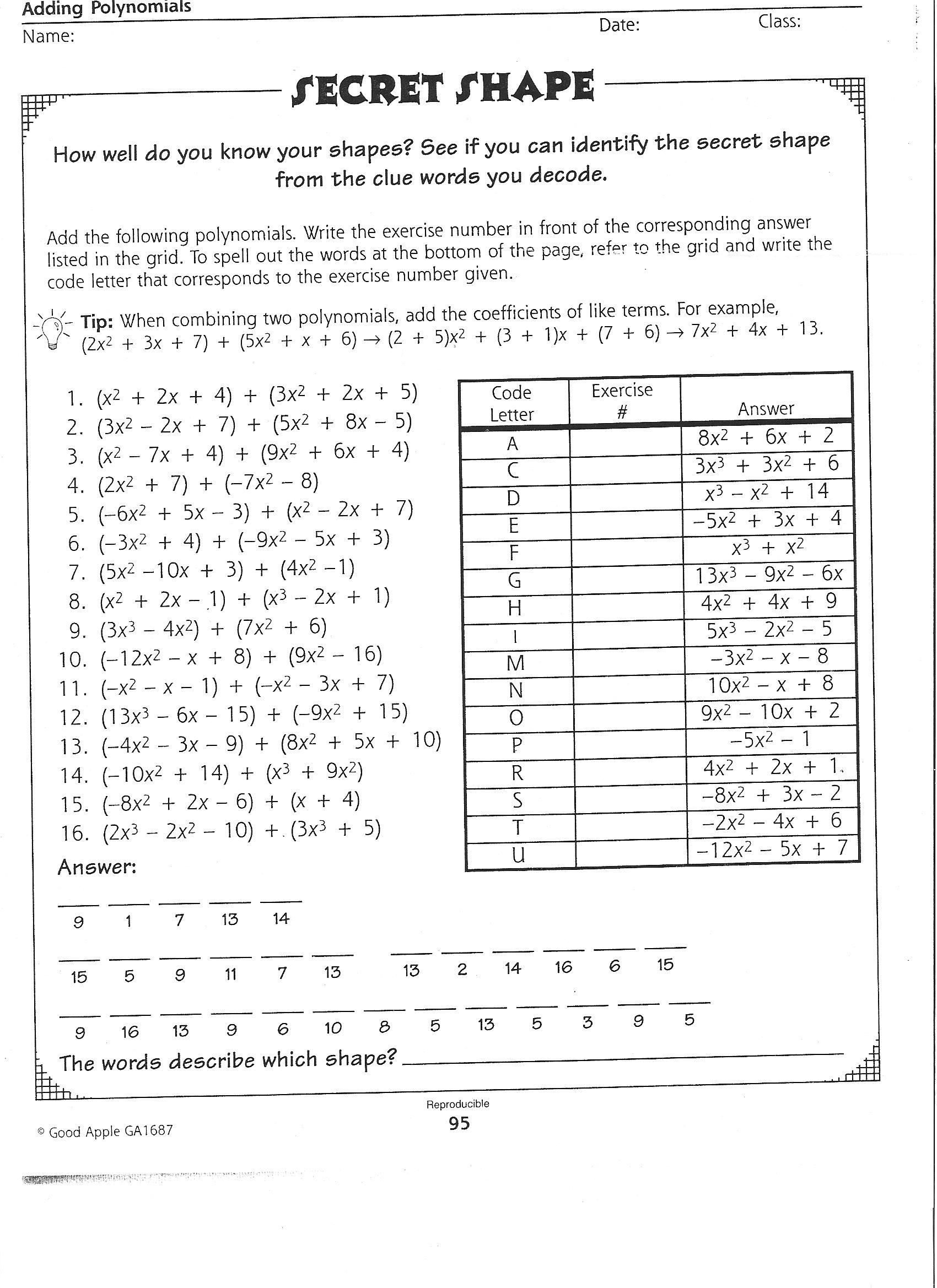 Polynomial Long Division Worksheet Adding and Subtracting Polynomials Worksheet Free Worksheets