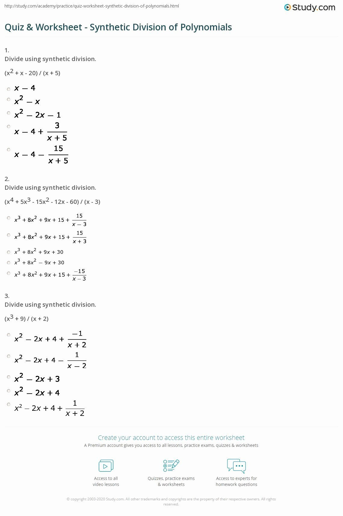 Polynomial Long Division Worksheet Polynomial Long Division Worksheet