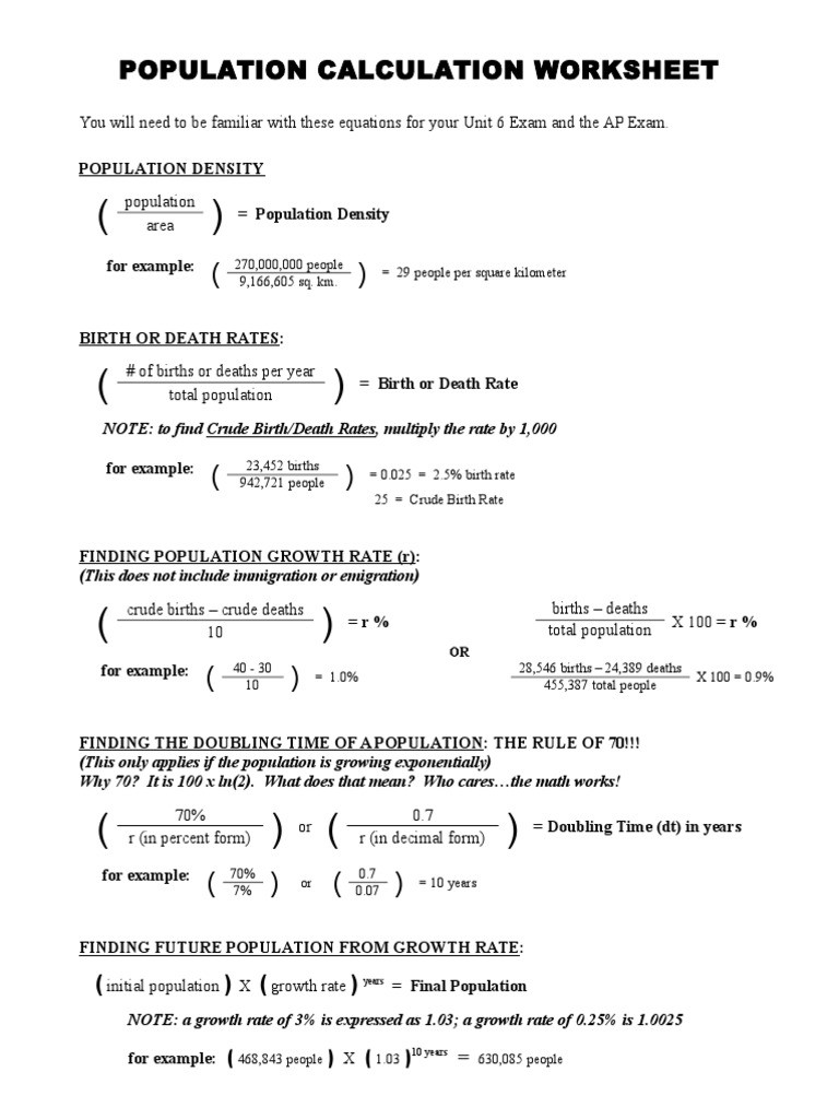 Population Growth Worksheet Answers Population Calculation Worksheet 1