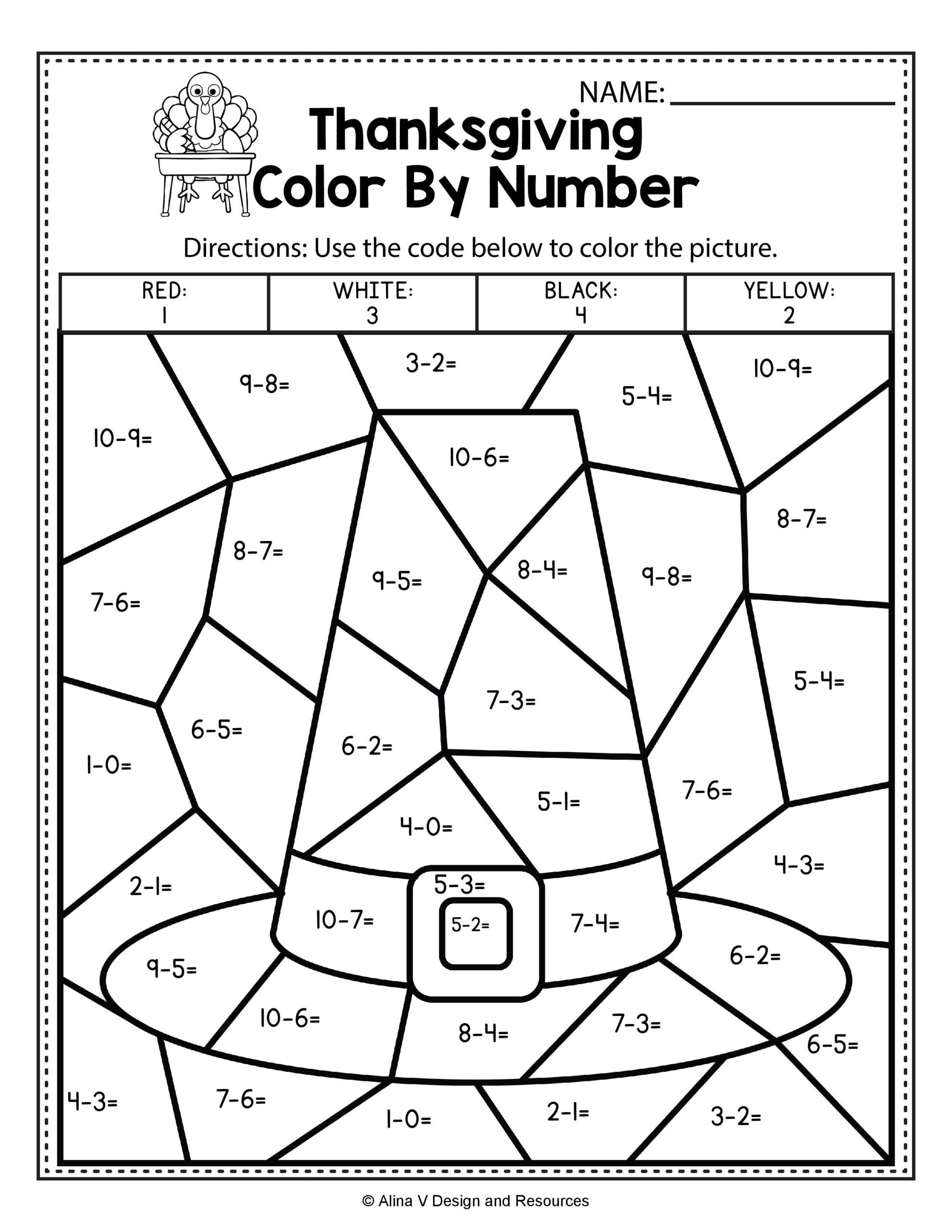 Pre Algebra Review Worksheet Thanksgiving Color by Number Subtraction Math Worksheets and