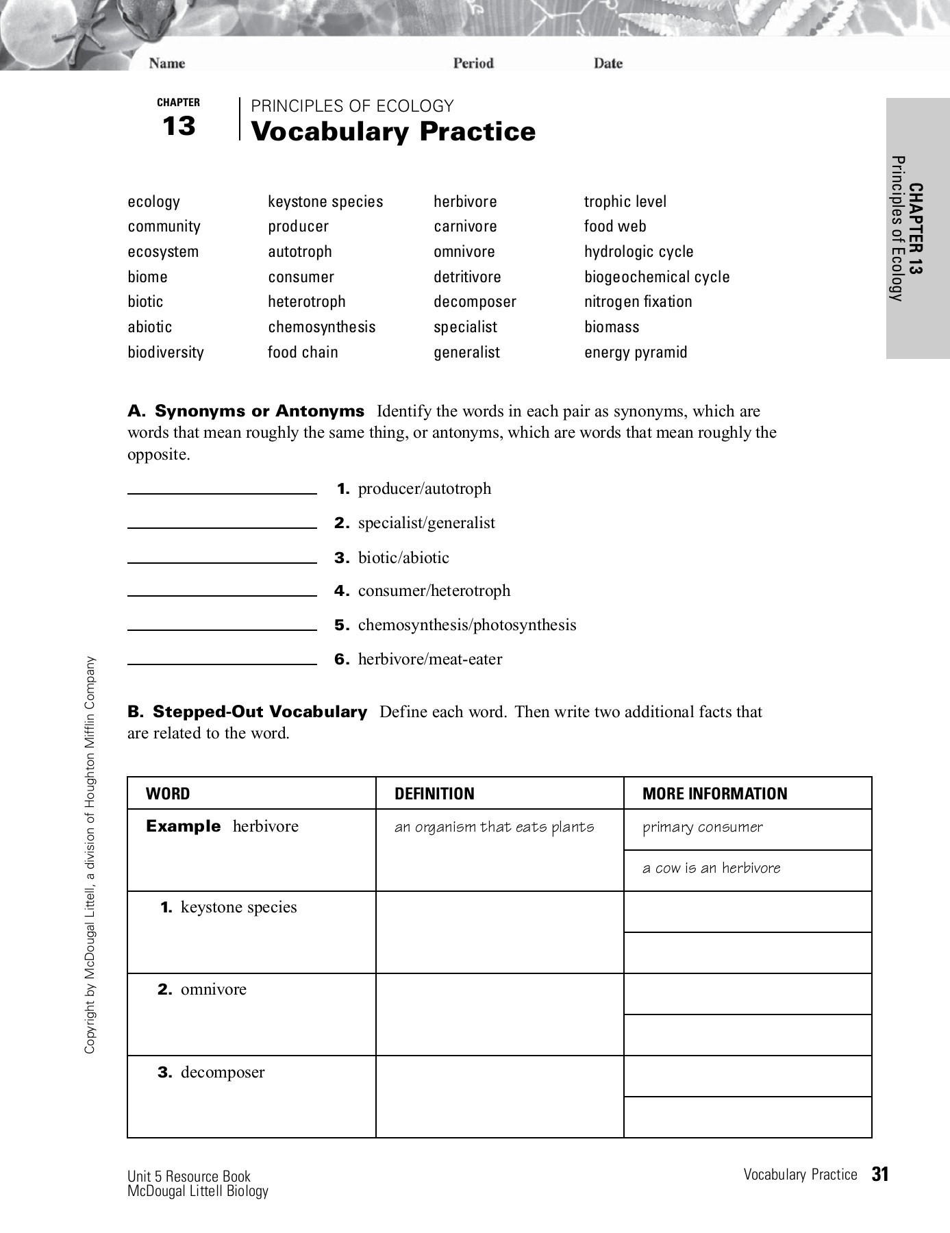 Principles Of Ecology Worksheet Answers Chapter Principles Of Ecology 13 Vocabulary Practice Pages 1
