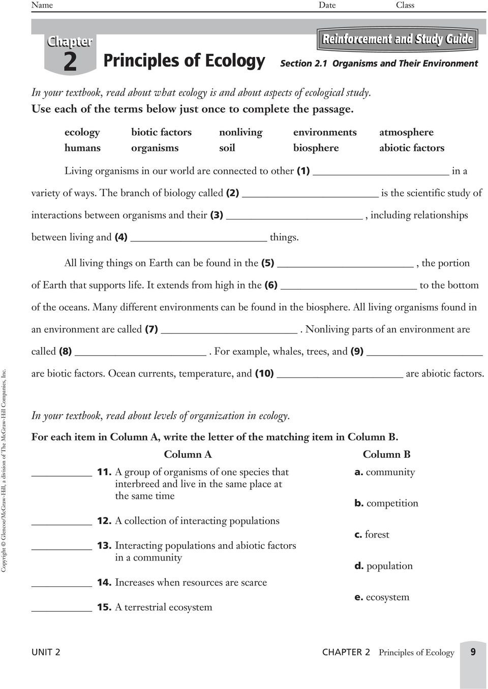 Principles Of Ecology Worksheet Answers Principles Ecology Section 22 Worksheet Answers