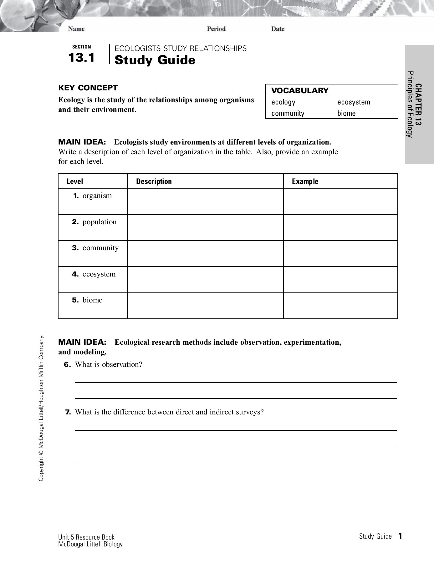 Principles Of Ecology Worksheet Answers Section Ecologists Study Relationships 13 1 Study Guide