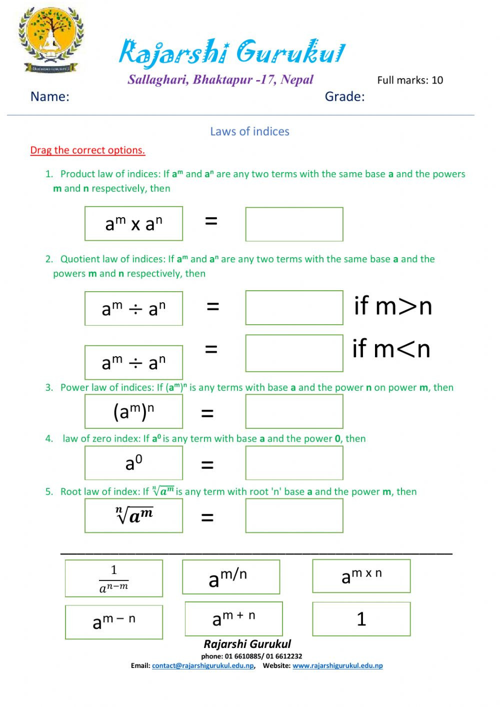 Product and Quotient Rule Worksheet Laws Of Indices Interactive Worksheet