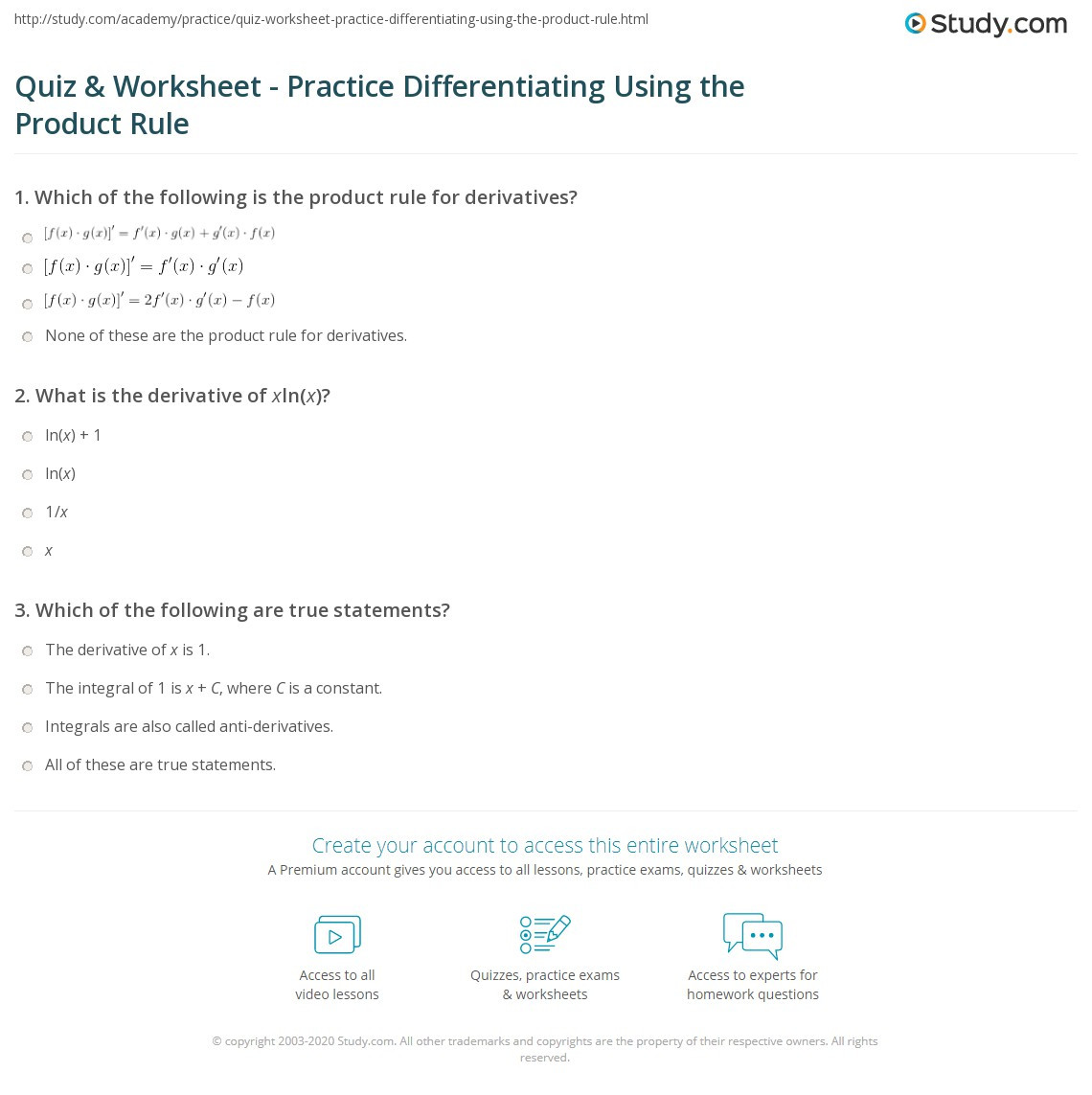 Product and Quotient Rule Worksheet Quiz &amp; Worksheet Practice Differentiating Using the