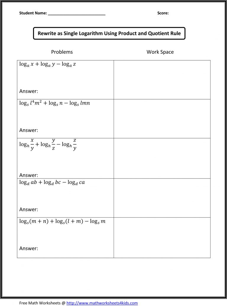 Product and Quotient Rule Worksheet Rewrite as Single Logarithm Using Product and Quotient Rules