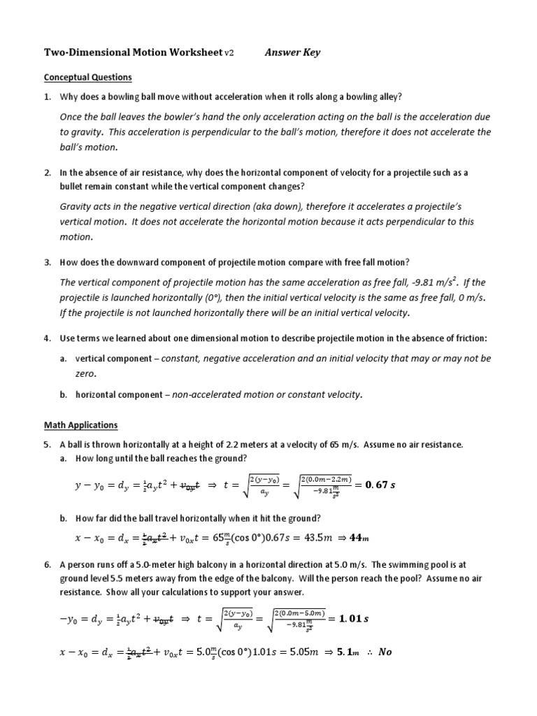 Projectile Motion Worksheet Answers Projectile Motion Worksheet V2 Answer Key