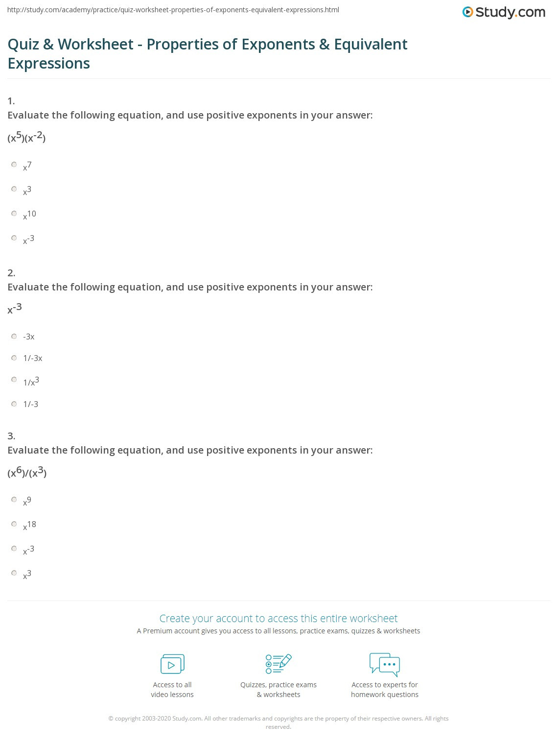 Properties Of Exponents Worksheet Answers Quiz &amp; Worksheet Properties Of Exponents &amp; Equivalent
