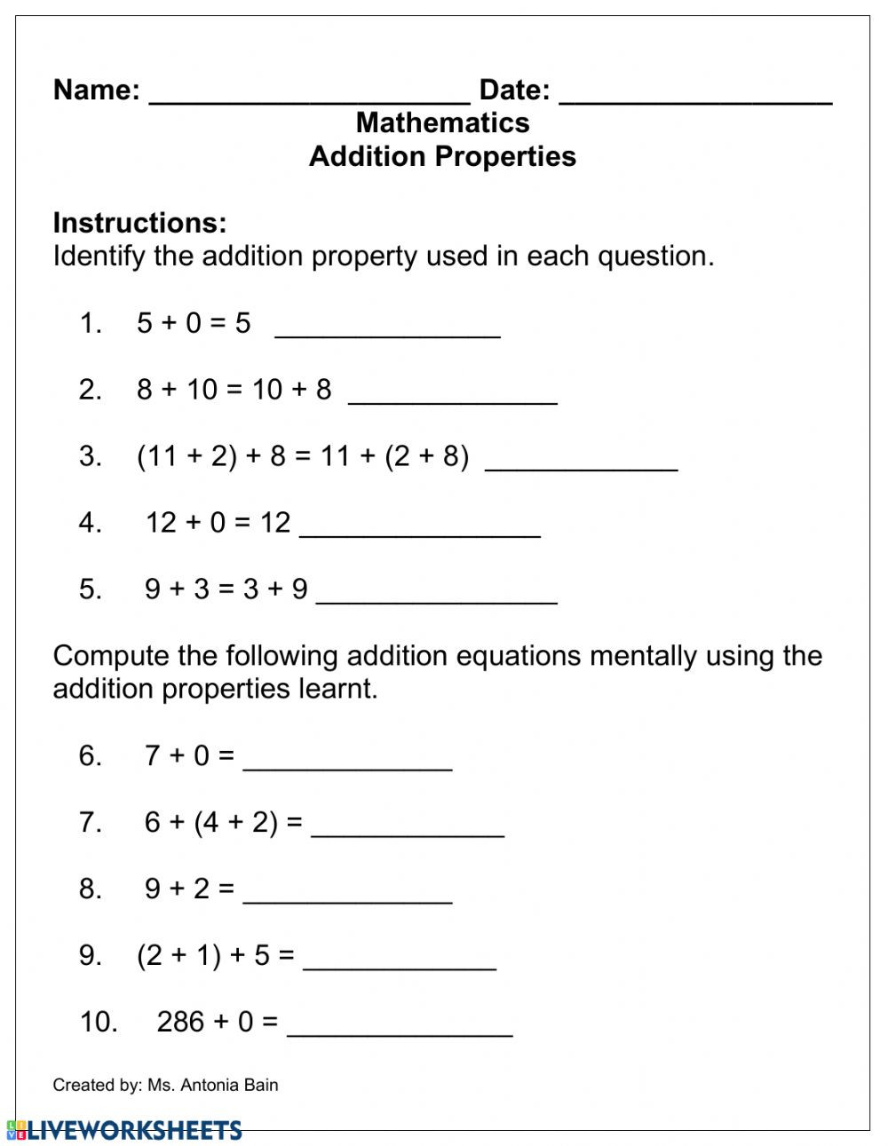 Properties Of Numbers Worksheet Addition Properties Interactive Worksheet
