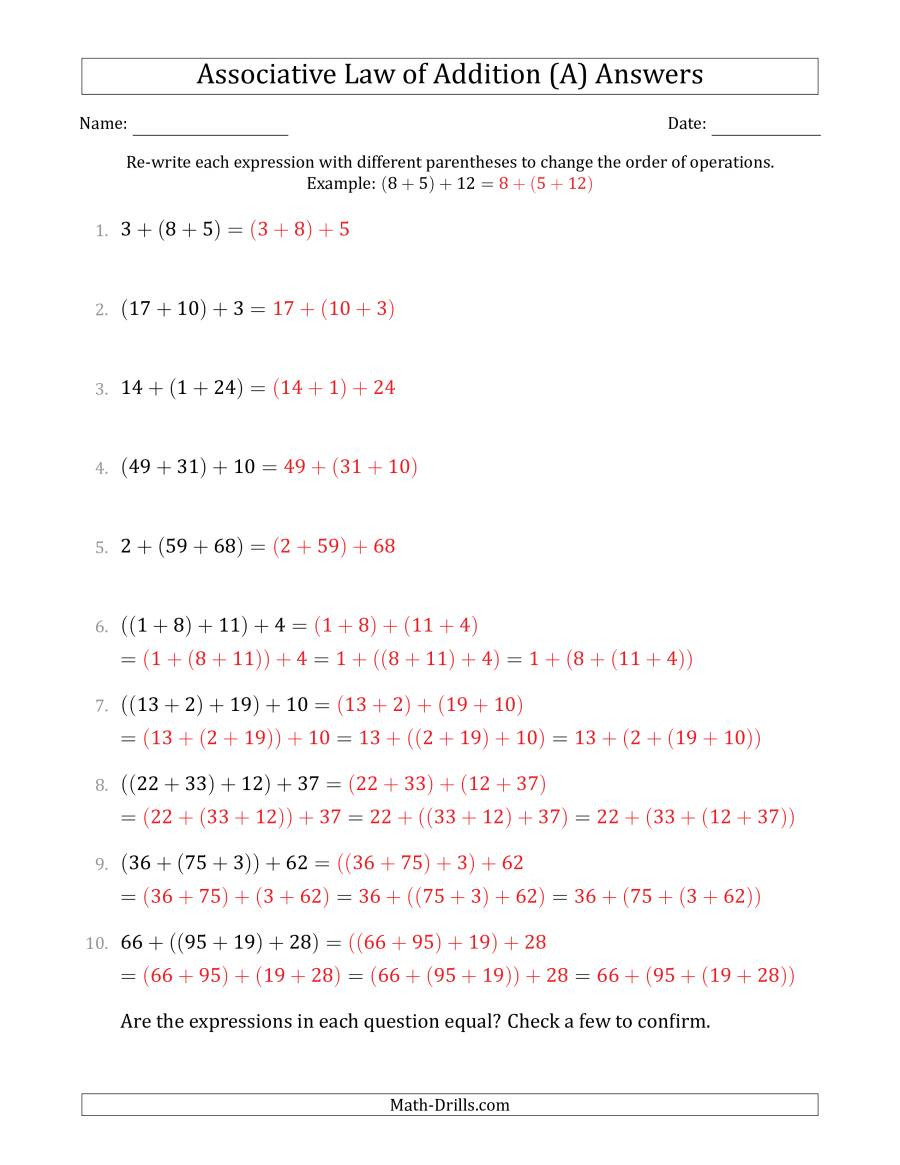 Properties Of Numbers Worksheet associative Law Of Addition whole Numbers Ly A