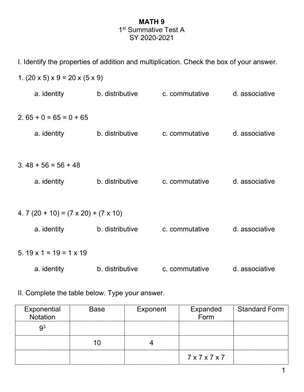 Properties Of Numbers Worksheet Math 9 1st Qtr Summative Test A Interactive Worksheet