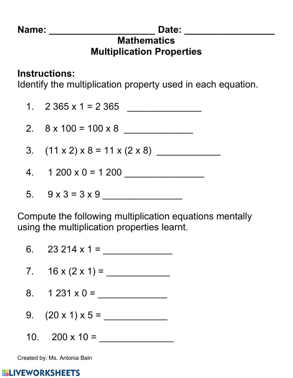 Properties Of Numbers Worksheet Multiplication Properties Interactive Worksheet