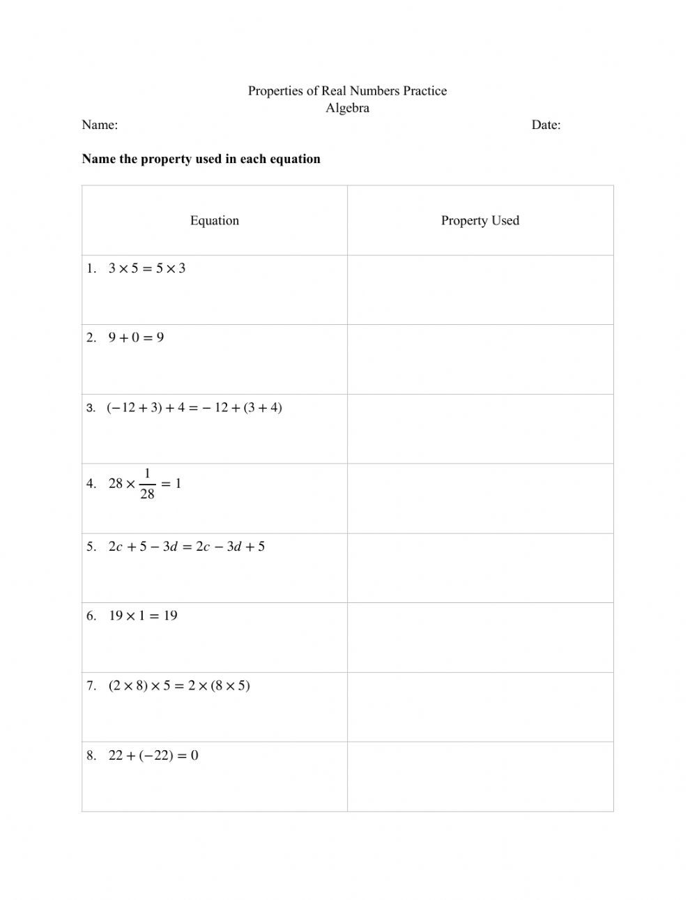 Properties Of Numbers Worksheet Properties Of Real Numbers Practice Interactive Worksheet