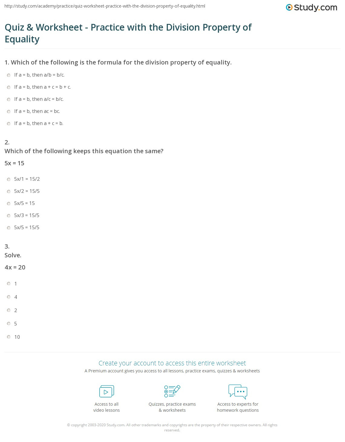 Properties Of Numbers Worksheet Quiz &amp; Worksheet Practice with the Division Property Of