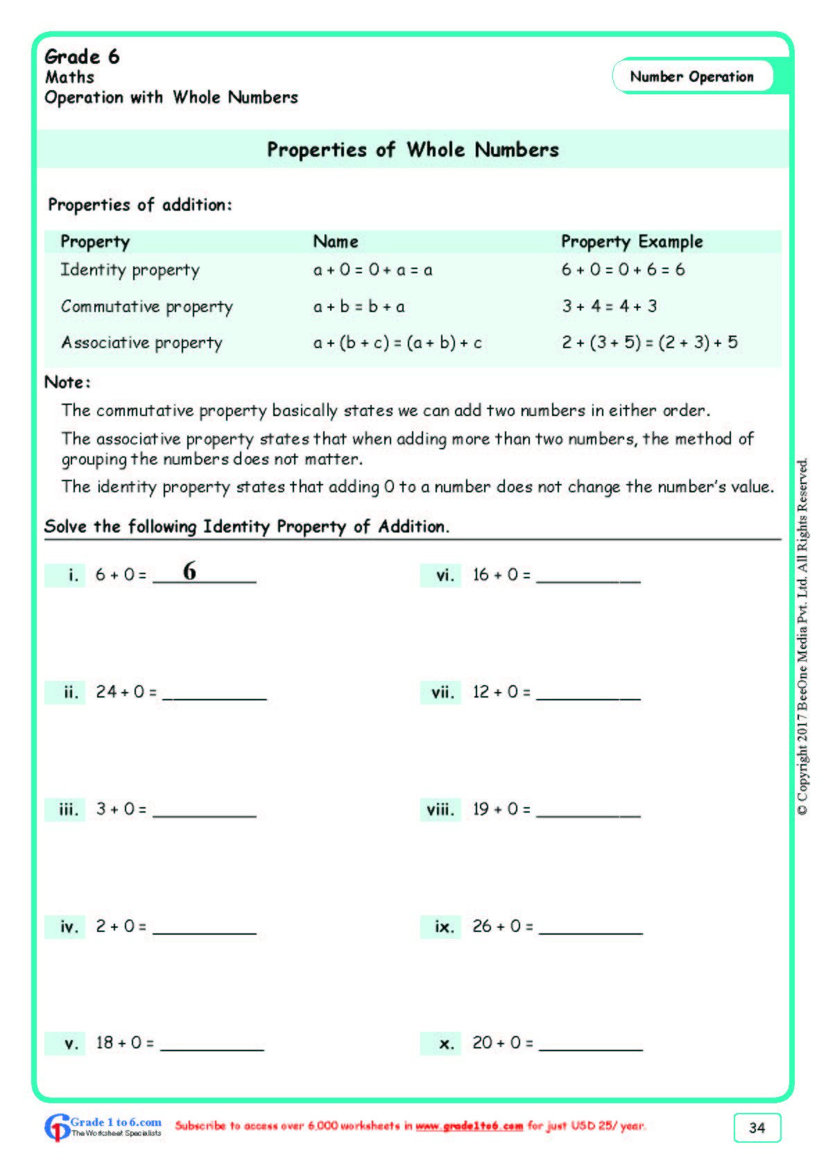 Properties Of Numbers Worksheet Worksheet Grade 6 Math Properties Of whole Numbers In 2020