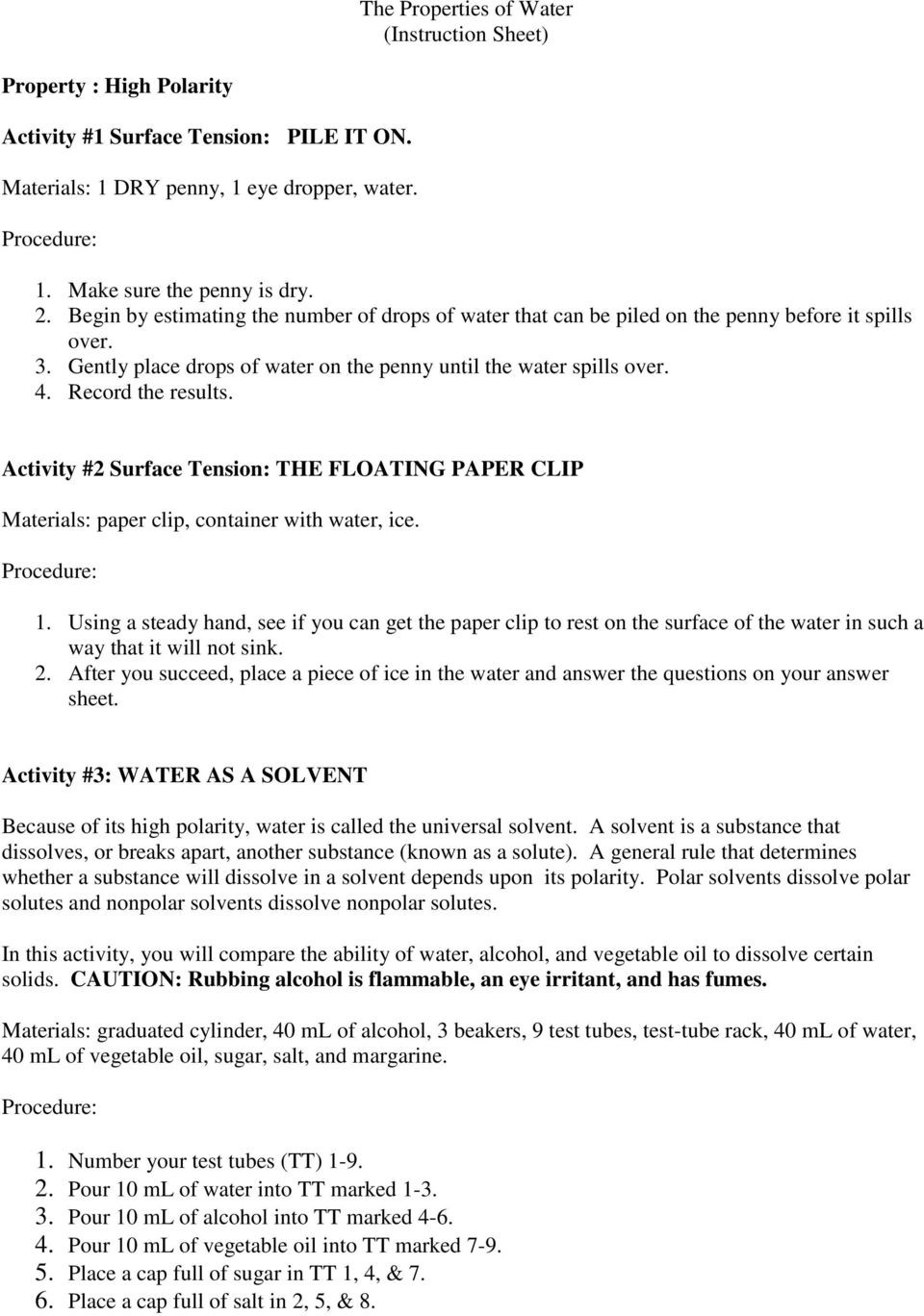 Properties Of Water Worksheet Biology the Properties Of Water Instruction Sheet Pdf Free Download