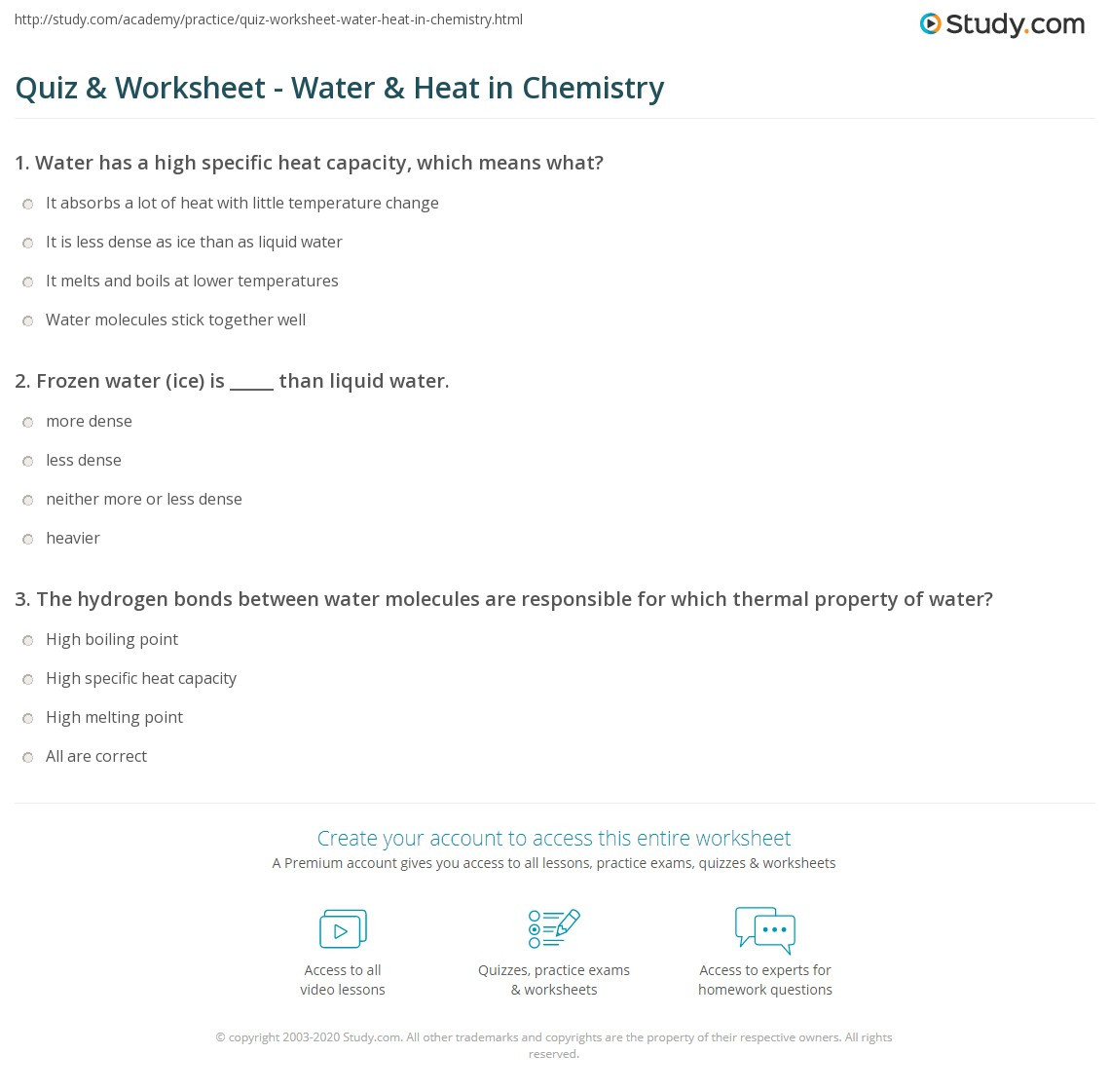 Properties Of Water Worksheet Quiz &amp; Worksheet Water &amp; Heat In Chemistry