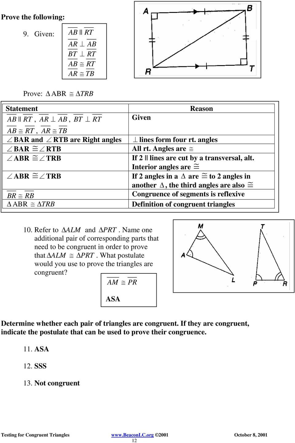 Proving Triangles Congruent Worksheet Answers Testing for Congruent Triangles Examples Pdf Free Download