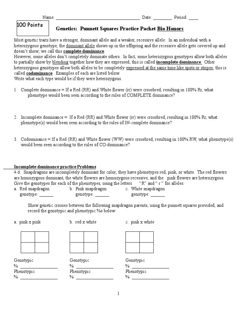 Punnett Square Practice Problems Worksheet Punnett Square Packet 2012 Dominance Genetics