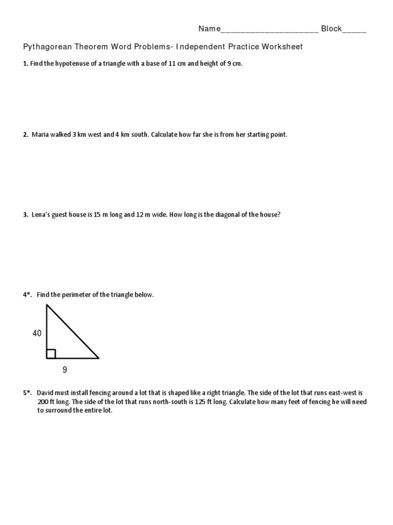 Pythagorean theorem Word Problems Worksheet Extra Pyth Th Practice