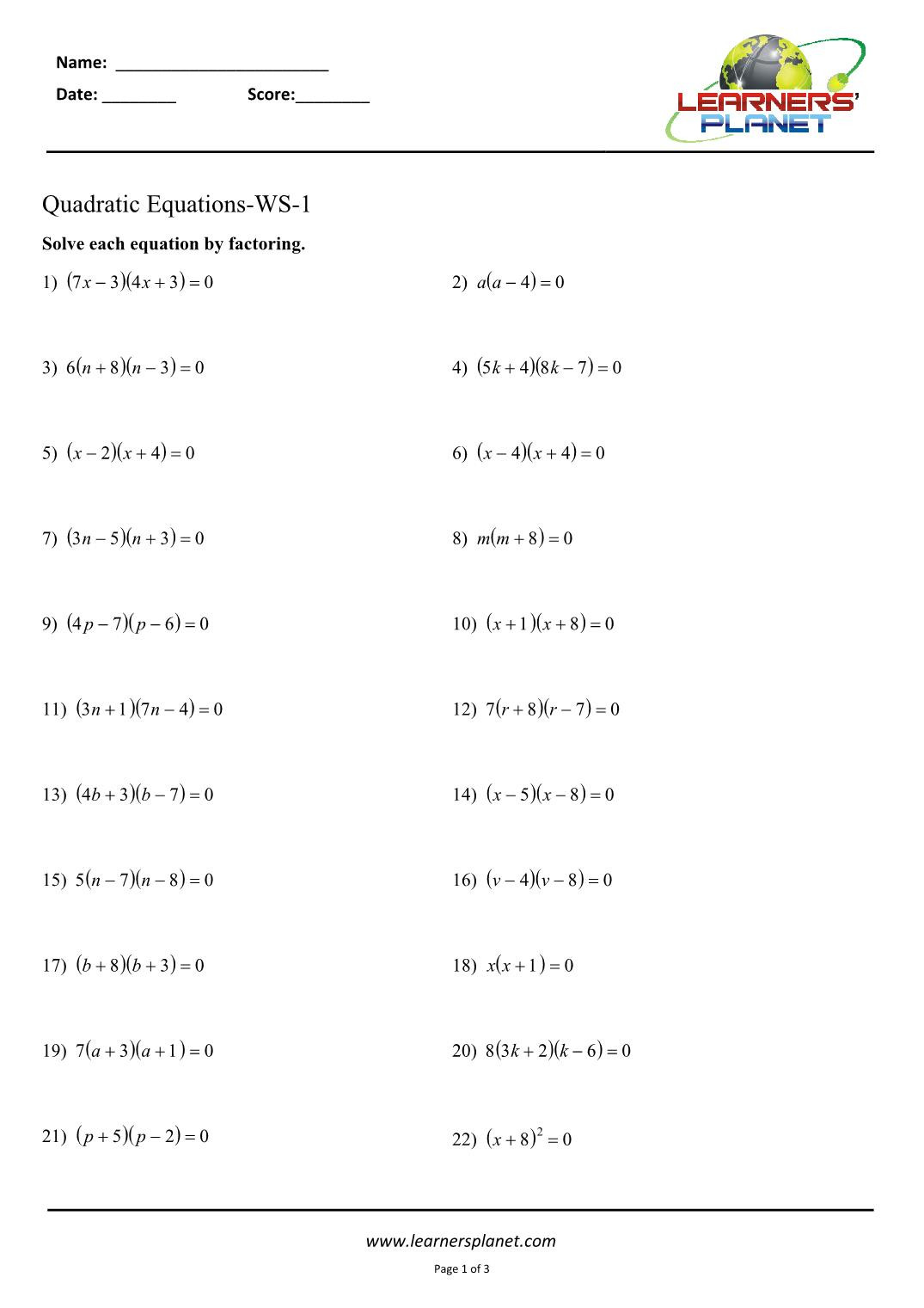 Quadratic Equation Worksheet with Answers 8th Cbse Quadratic Equation Worksheets with Answer