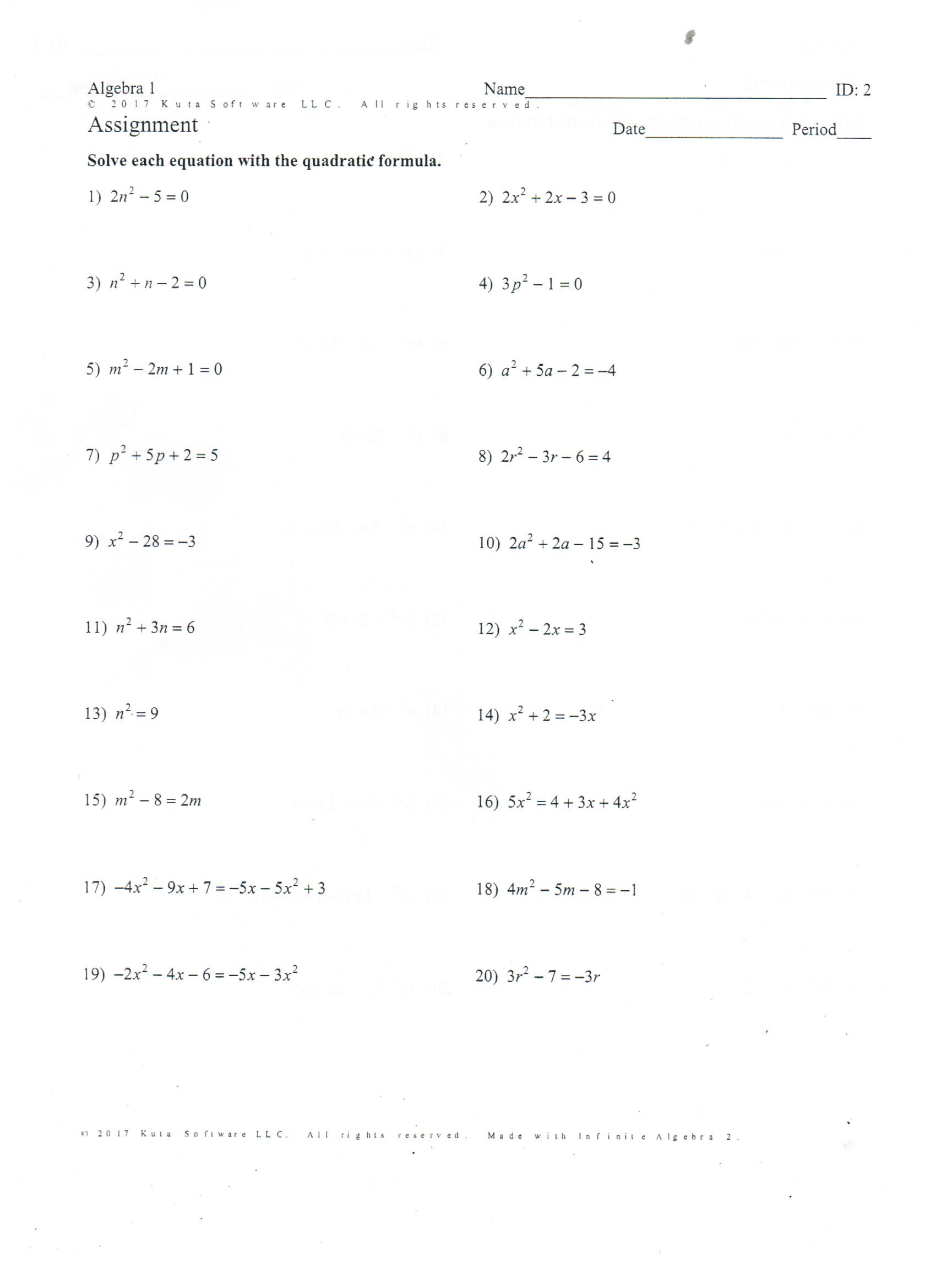 Quadratic Equation Worksheet with Answers Disguised Quadratic Equations Worksheet