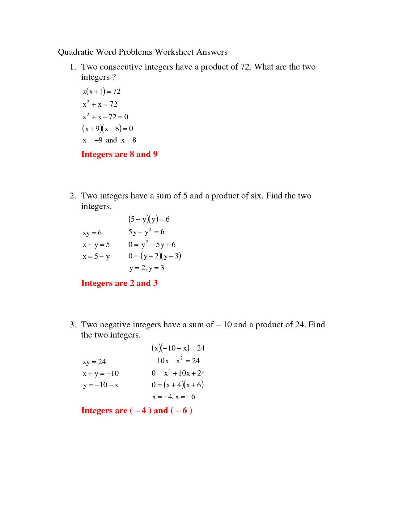 Quadratic Equation Worksheet with Answers Quadratic Equation Word Problems Answer Key Tessshebaylo