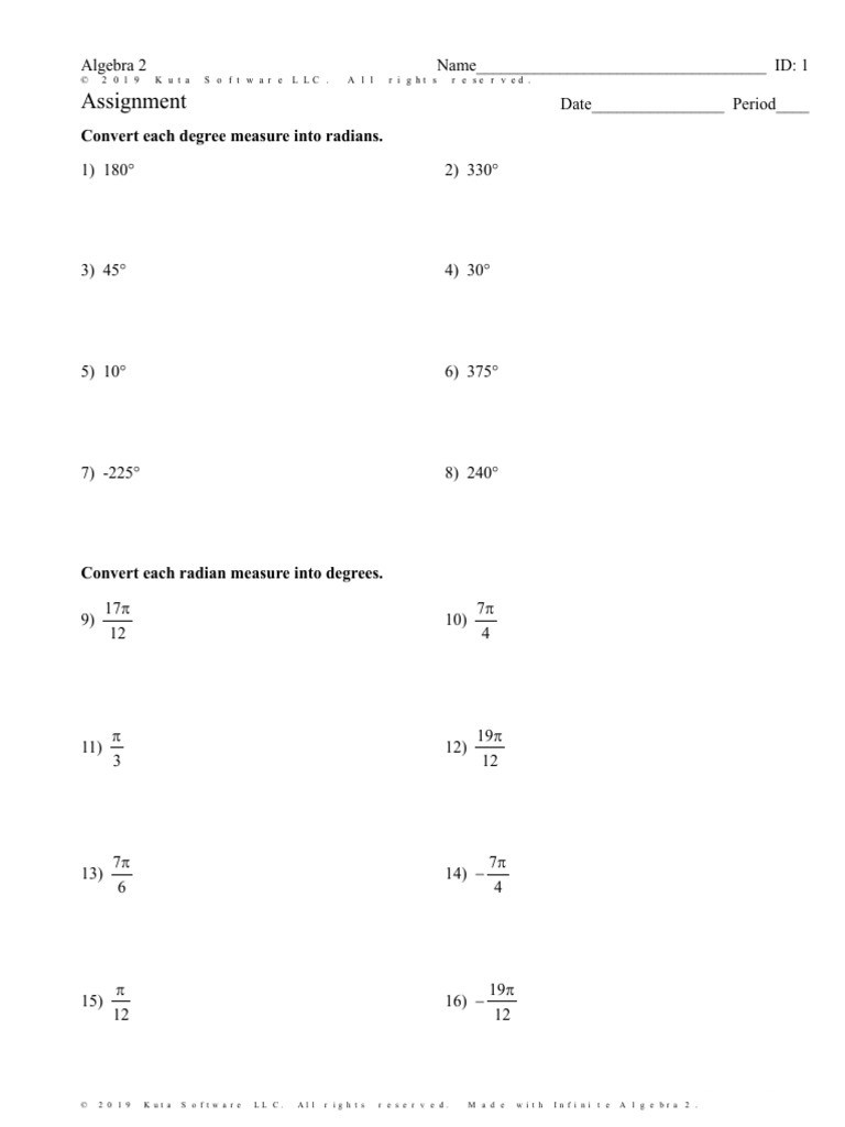 Radians to Degrees Worksheet assignment Convert Each Degree Measure Into Radians