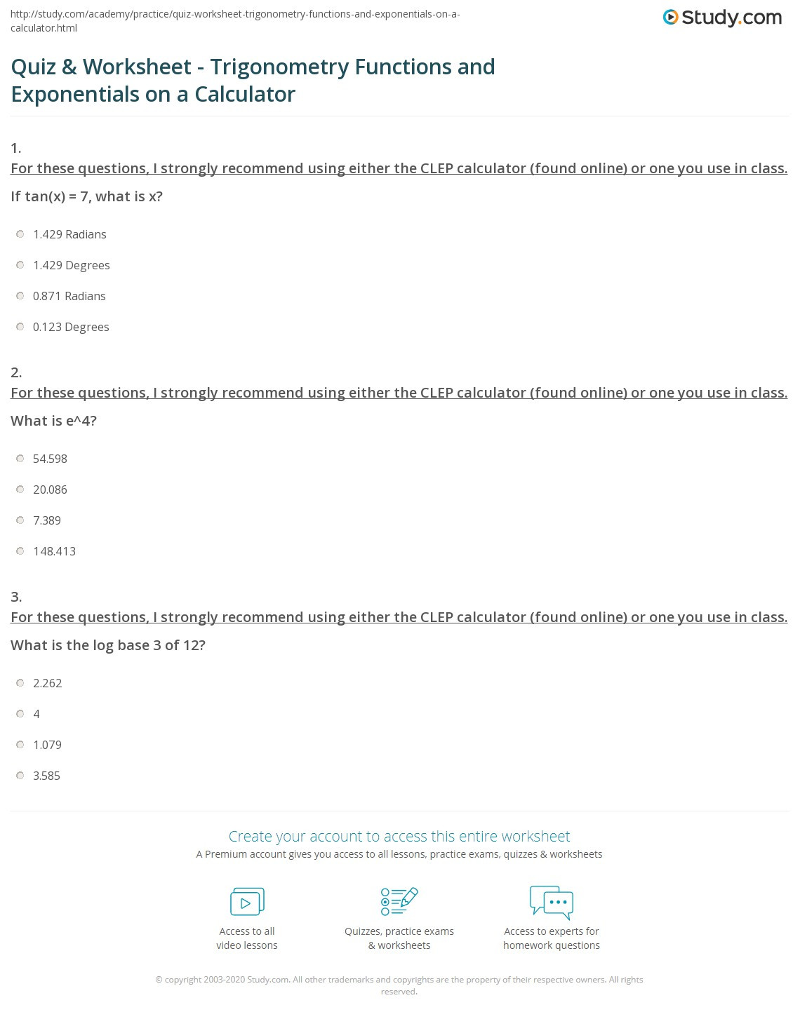 Radians to Degrees Worksheet Quiz &amp; Worksheet Trigonometry Functions and Exponentials