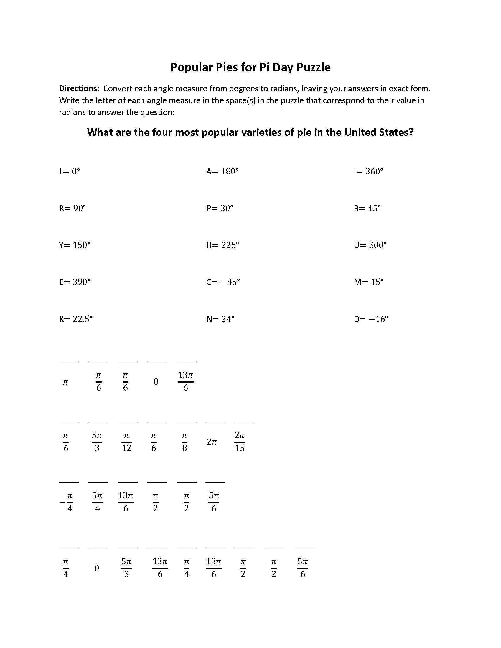 Radians to Degrees Worksheet This Puzzle Provides A Fun Way for Students to Build Fluency