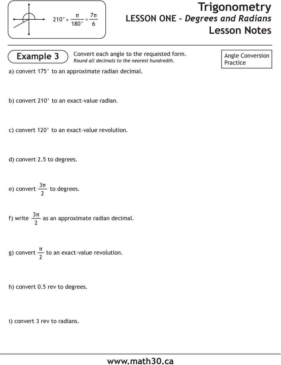 Radians to Degrees Worksheet Trigonometry Lesson One Degrees and Radians Lesson Notes