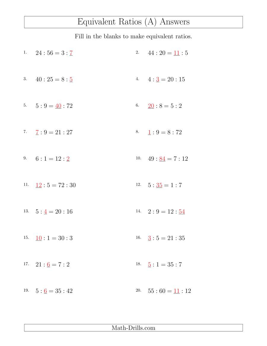 Ratio and Proportion Worksheet Pdf Equivalent Ratios with Blanks A