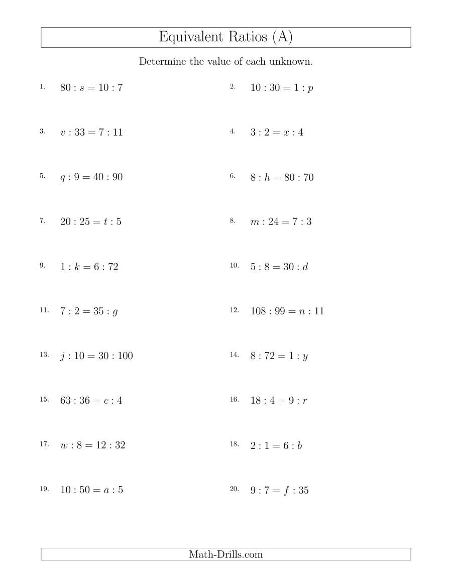 Ratio and Proportion Worksheet Pdf Equivalent Ratios with Variables A