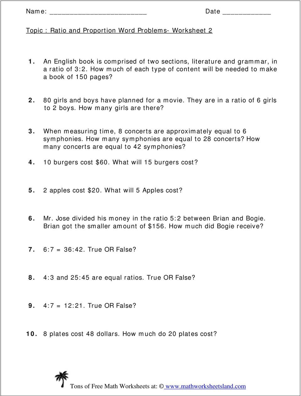 Ratio and Proportion Worksheet Pdf topic Ratio and Proportion Word Problems Worksheet Girls