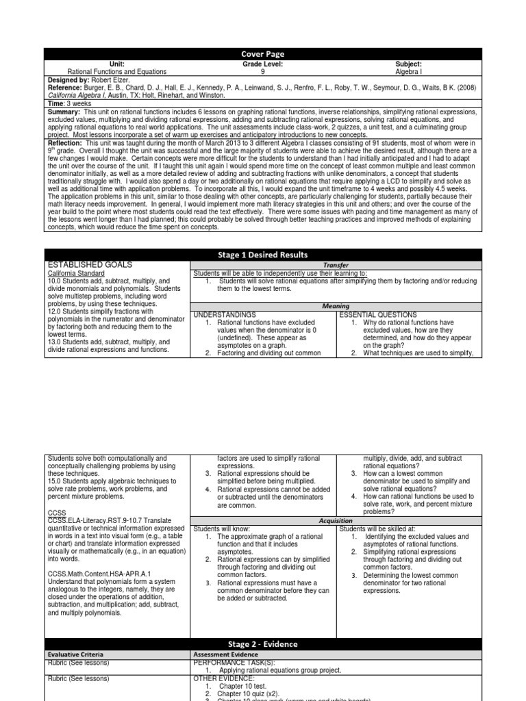Rational Equations Word Problems Worksheet Unit Plan Elzer Rational Functions and Equations