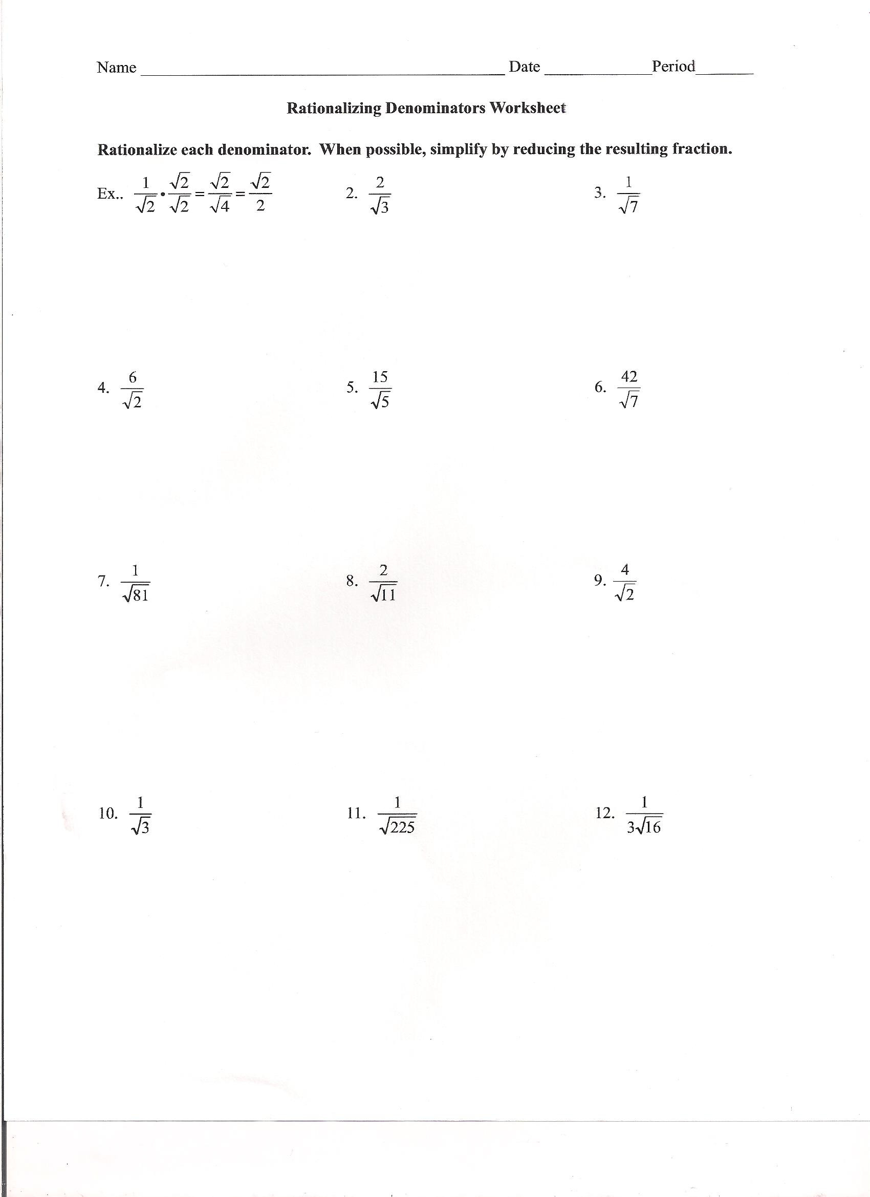 Rationalizing the Denominator Worksheet Fundamental Algebra 2 Homework 2014 Bethlehem Catholic