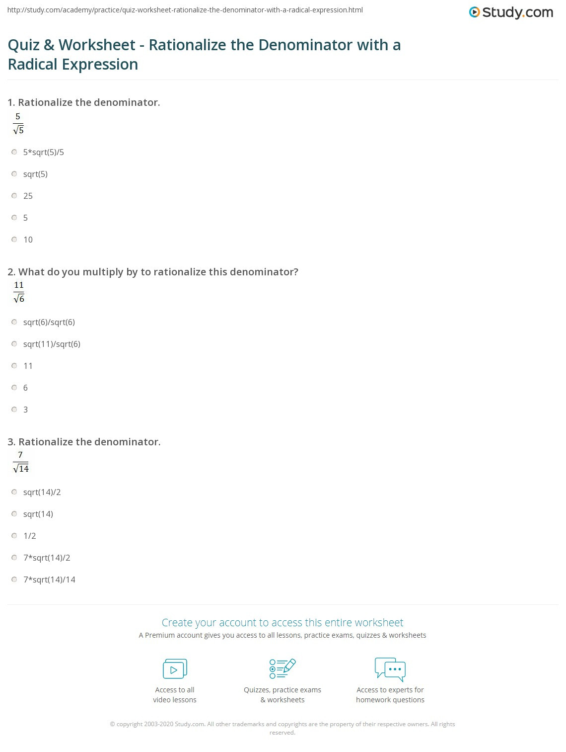 Rationalizing the Denominator Worksheet Quiz &amp; Worksheet Rationalize the Denominator with A