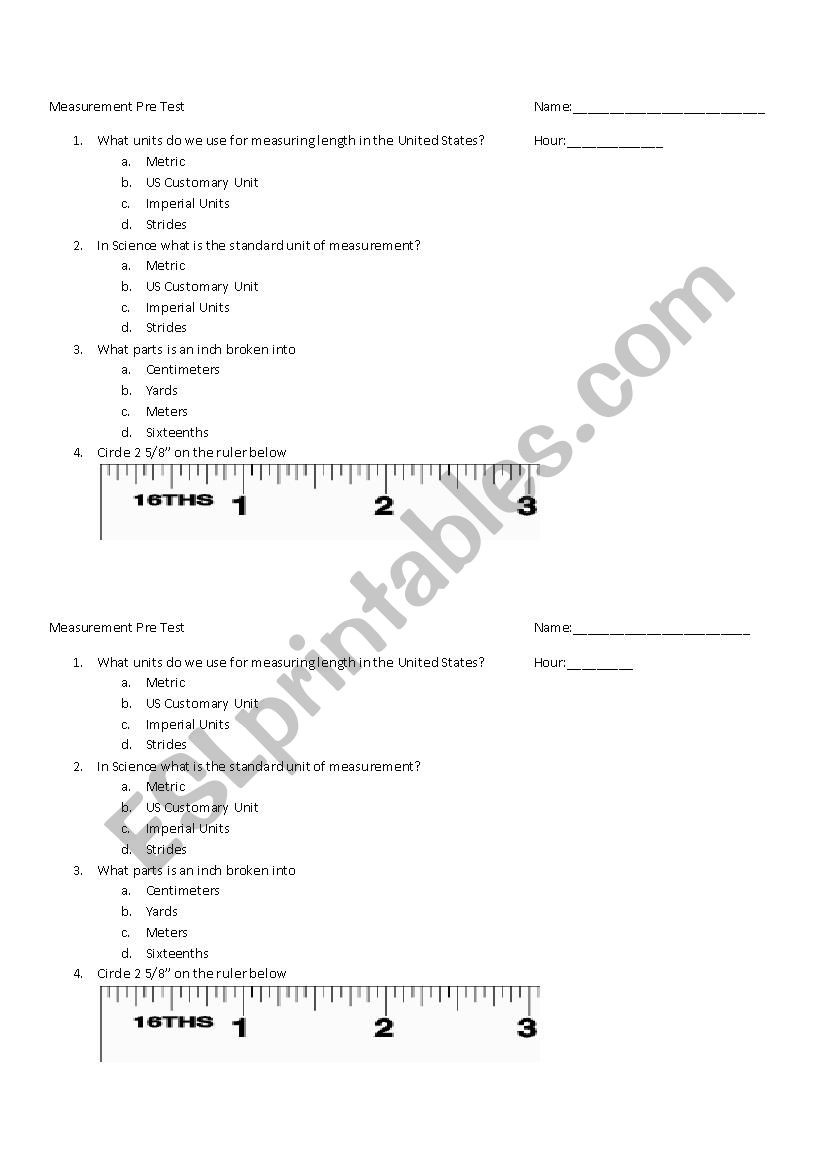 Reading A Metric Ruler Worksheet Measurement Pre Test Esl Worksheet by Vaglej