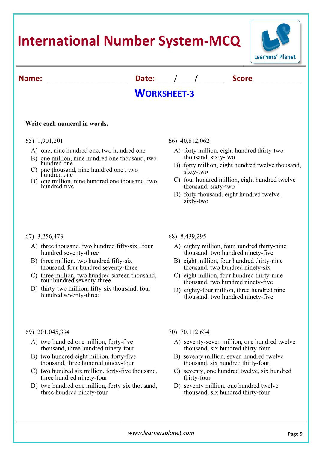 Real Number System Worksheet Cbse Grade 5 Mathematics Numbers System Exercises