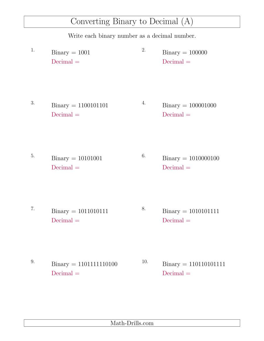 Real Number System Worksheet Converting Binary Numbers to Decimal Numbers A