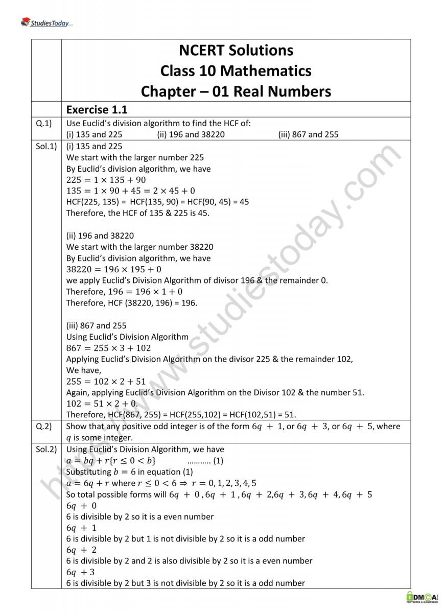 Real Number System Worksheet Ncert solutions Class 10 Mathematics Chapter 1 Real Numbers