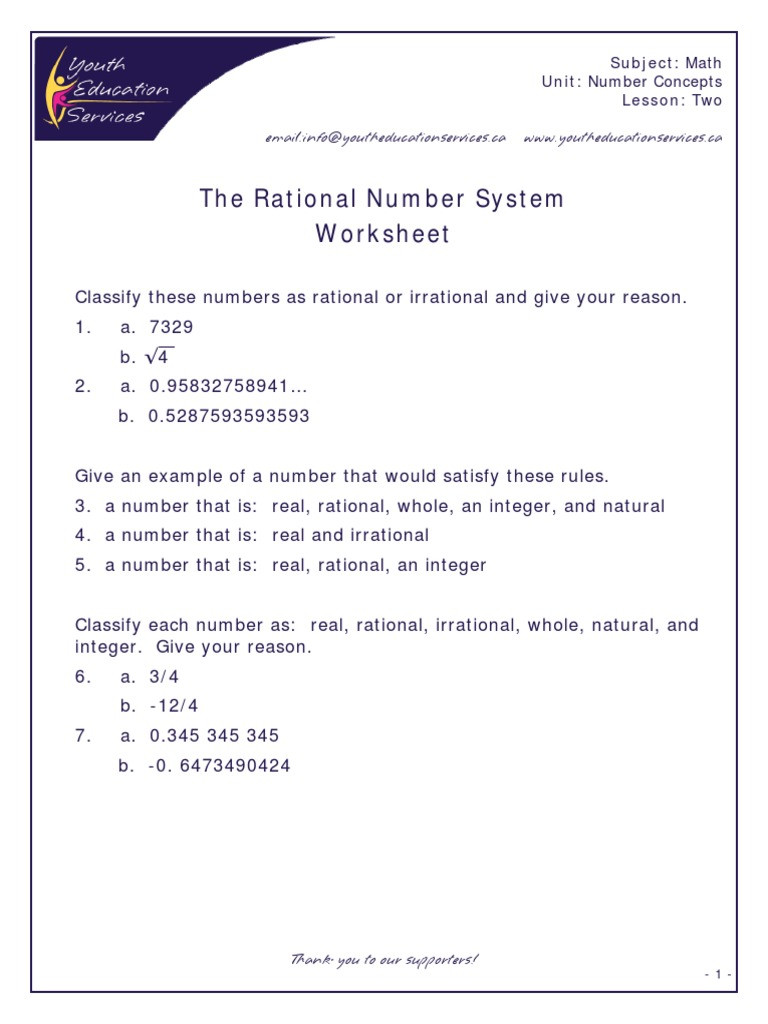 Real Number System Worksheet Rational &amp; Irrational Numbers Number System