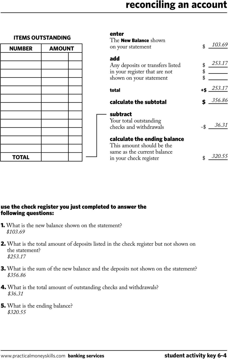 Reconciling A Bank Statement Worksheet Keeping A Running Balance Answer Key Pdf Free Download