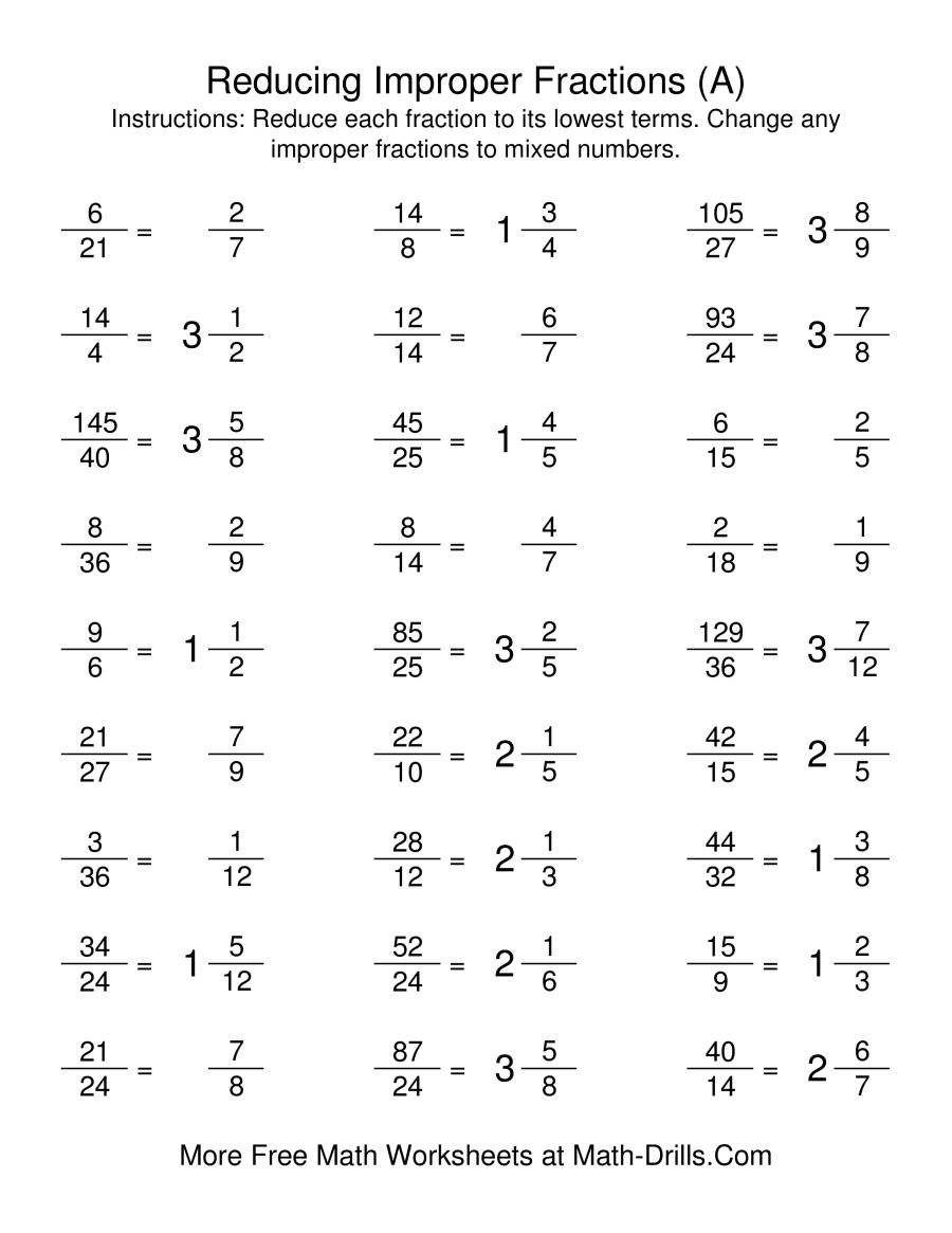 Reducing Fractions Worksheet Pdf Reducing Improper Fractions to Lowest Terms A