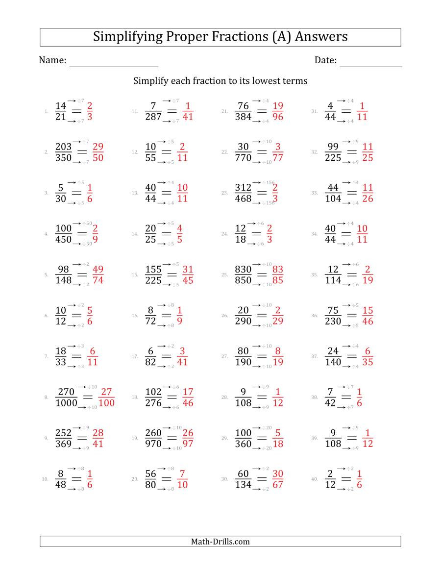 Reducing Fractions Worksheet Pdf Simplifying Proper Fractions to Lowest Terms Harder